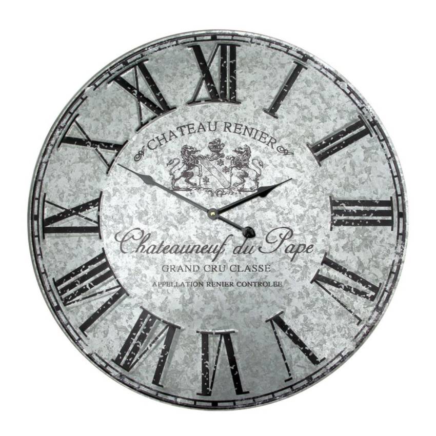 „XL Wanduhr aus silberfarbenem Metall mit römischen Ziffern im französischen Château‑Design“