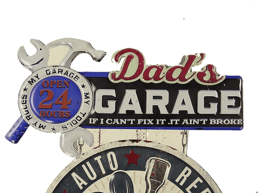 Geprägtes und Kontur gestanztes Wandschild im Retro Used Look dads garage