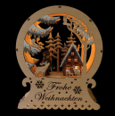 „LED-Diorama aus Holz mit Jagdhaus, Jägerfigur und Rehen – Ø 25 cm, warmweiß beleuchtet“